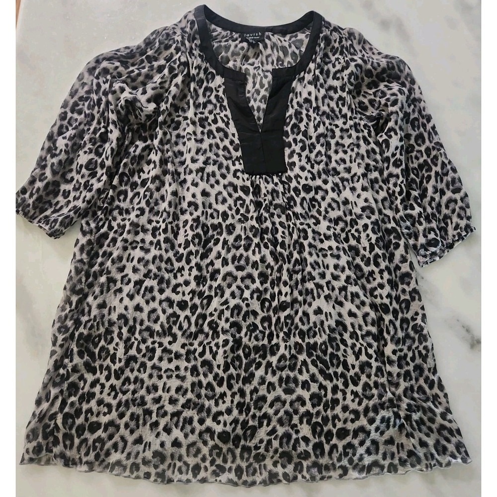 100% Silk Black Gray Sheer Chiffon Top 3/4 Sleeves Lavish Heidi Klum Med READ